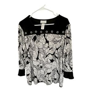 Alfred Dunner Black and White Leaf Pattern Blouse